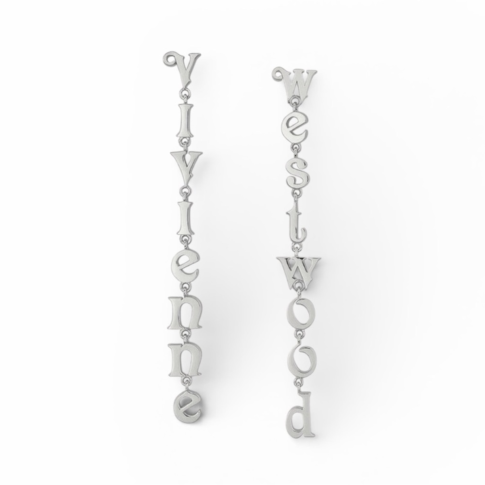 VIVIENNE WESTWOOD RAIMUNDA ASYMMETRICAL LETTER DROP EARRINGS – SILVER TONE